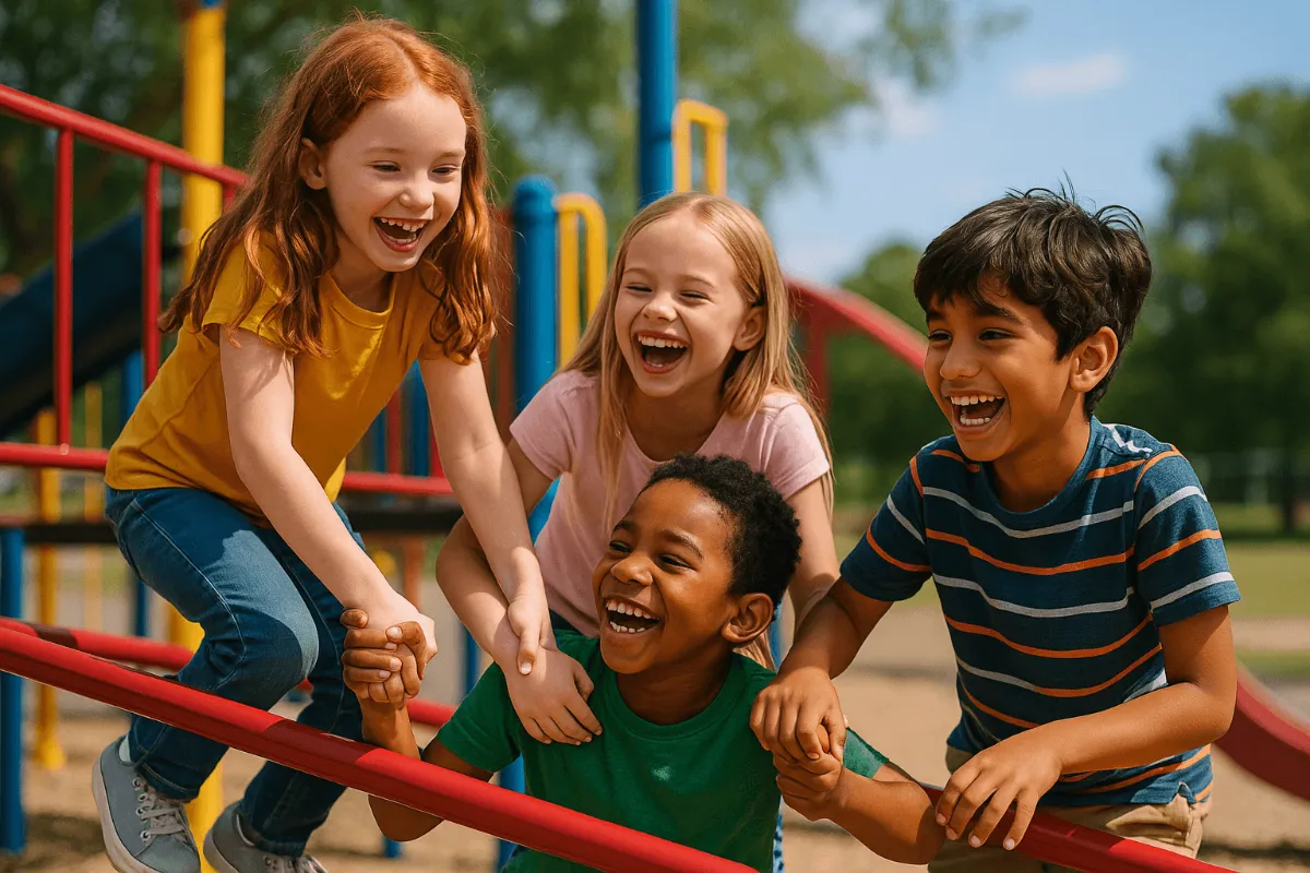 Children playing together happily in a playground