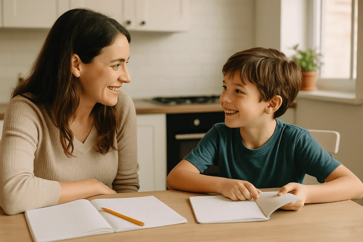 Parent and child having an engaged conversation at the kitchen table