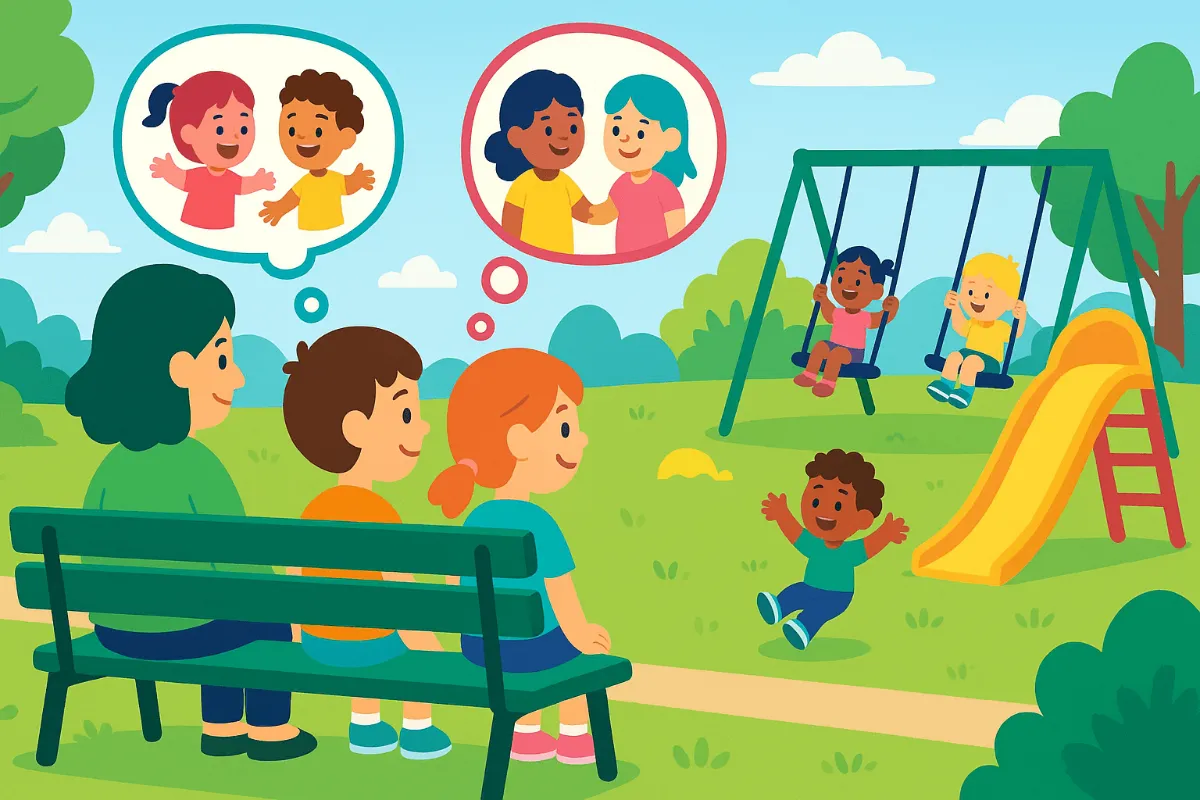 Children observing playground interactions from a bench