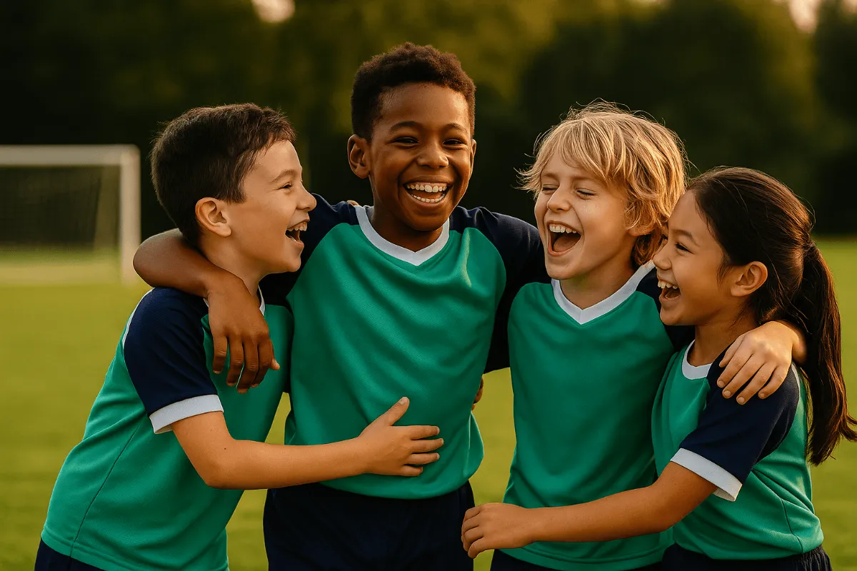 Children celebrating a goal together on a sports field