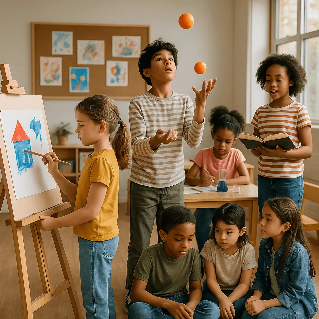 Children aged 5-12 engaged in confidence-building activities like art, sports, and problem-solving