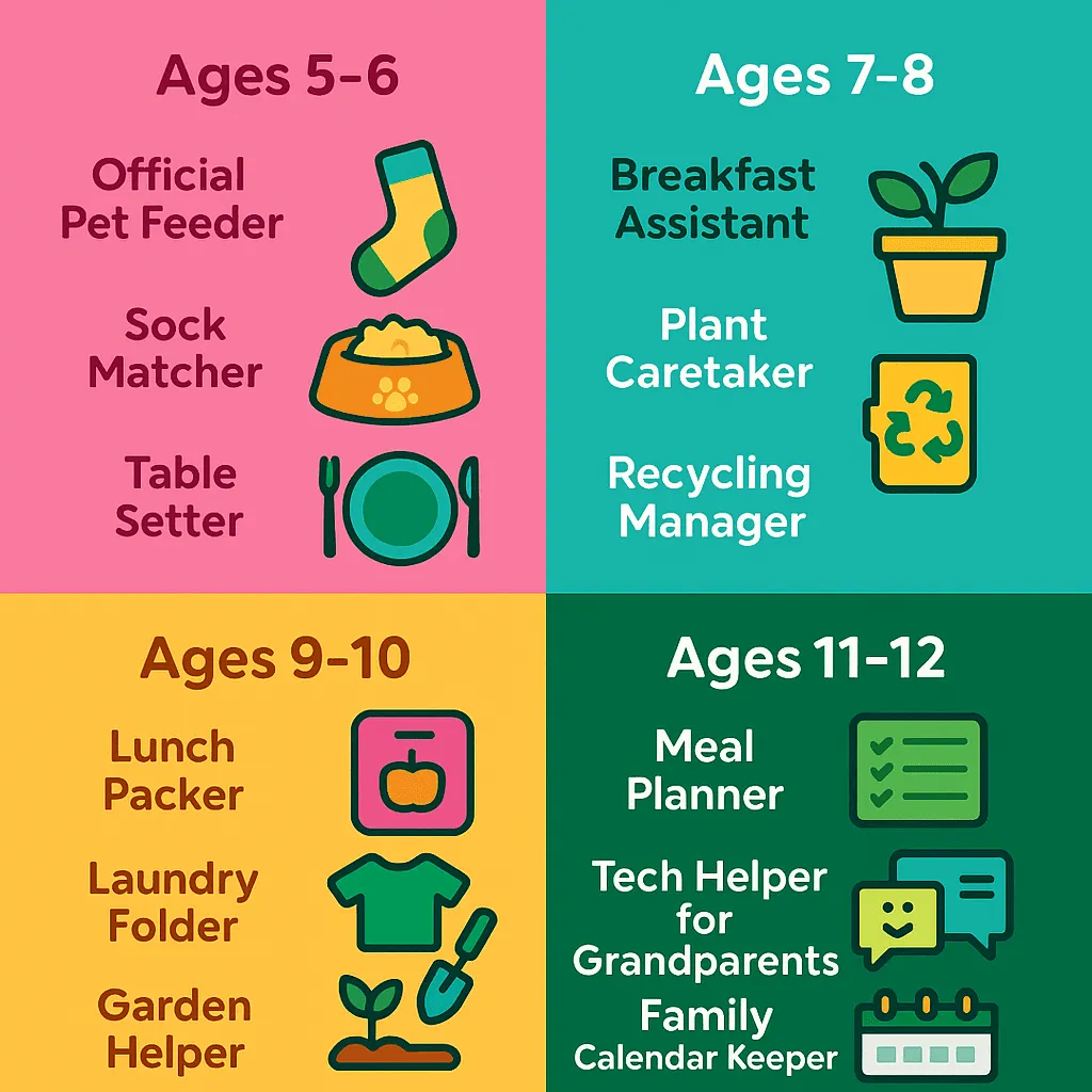 Chart showing age-appropriate confidence-building responsibilities for children from ages 5 to 12