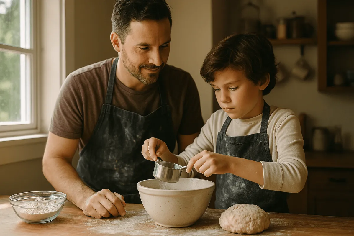 Parent and child working together on a cooking project, measuring ingredients