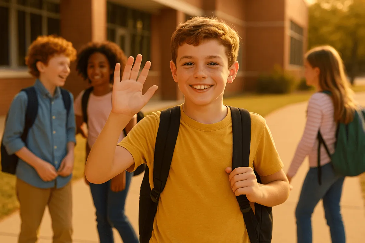 Child confidently waving goodbye