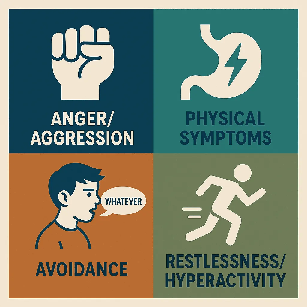 Infographic showing anxiety symptoms in boys: anger outbursts, physical complaints, avoidance, restlessness