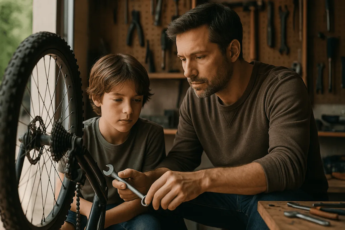 Father and son working on a bike repair together