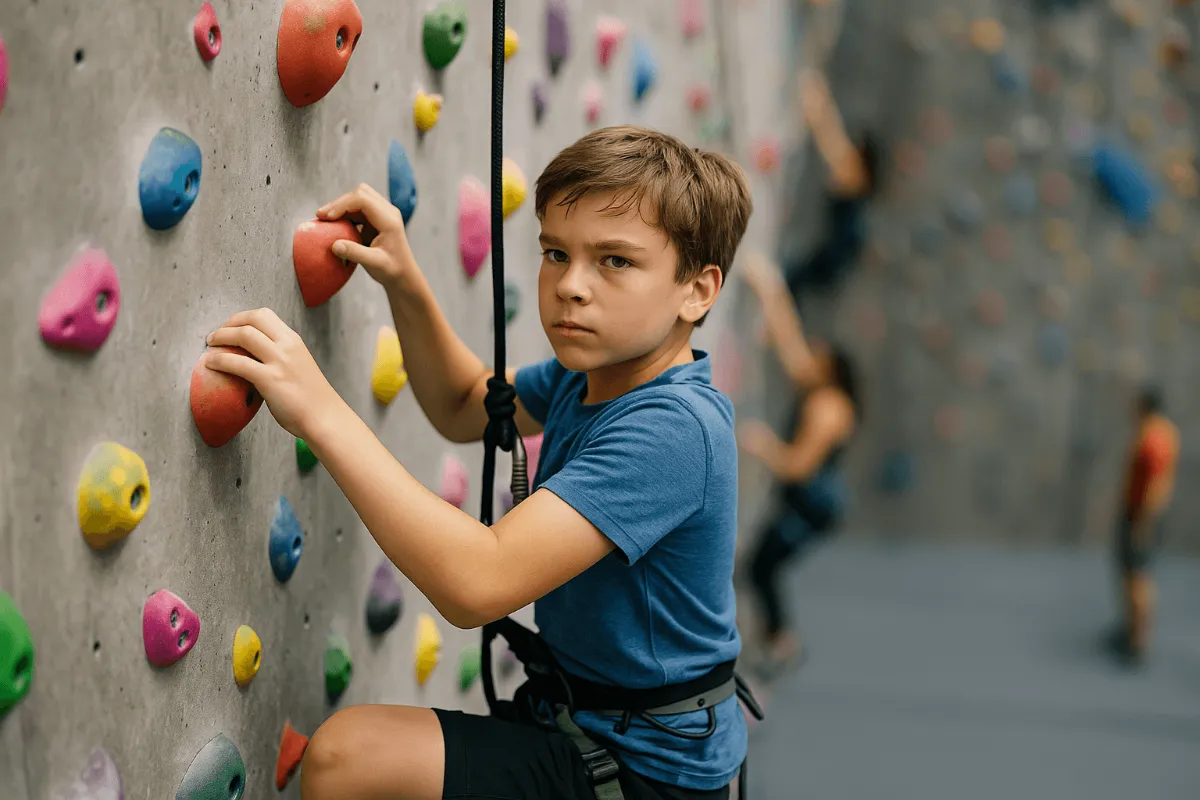 Boy climbing a rock wall at an indoor gym, looking determined