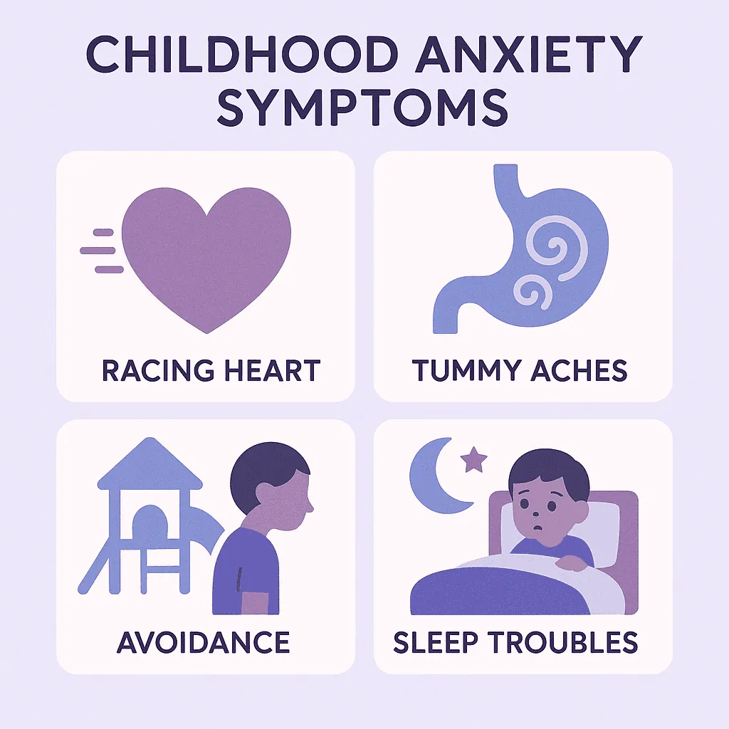 Infographic showing common anxiety symptoms in children: racing heart, tummy aches, avoiding activities, trouble sleeping