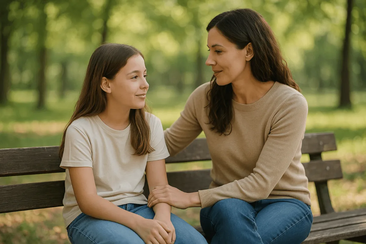 Mother and daughter having a quiet conversation on a park bench