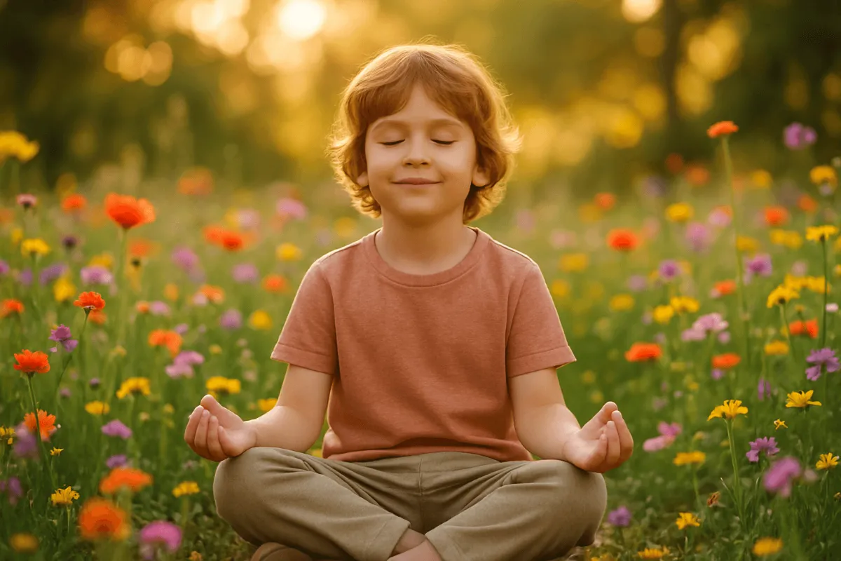 A young child sitting peacefully in a sunlit garden, eyes closed with a gentle smile