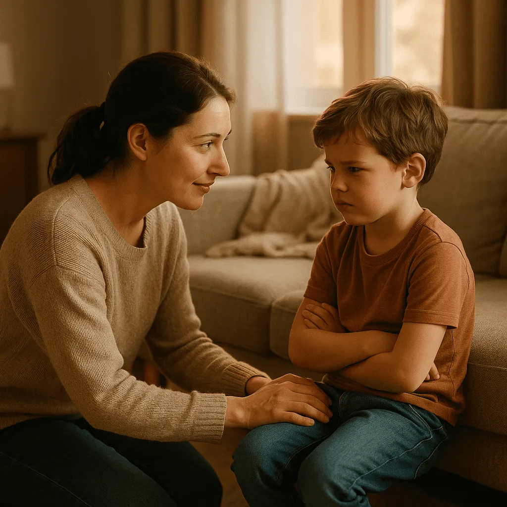 A parent kneeling at eye level with their child in a cosy home setting