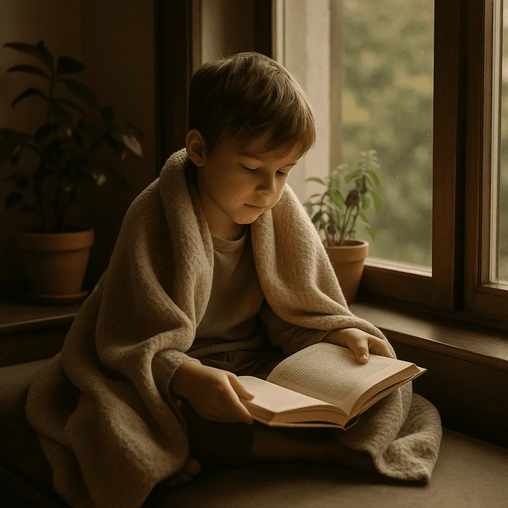 A child wrapped in a soft blanket, reading peacefully in a window nook