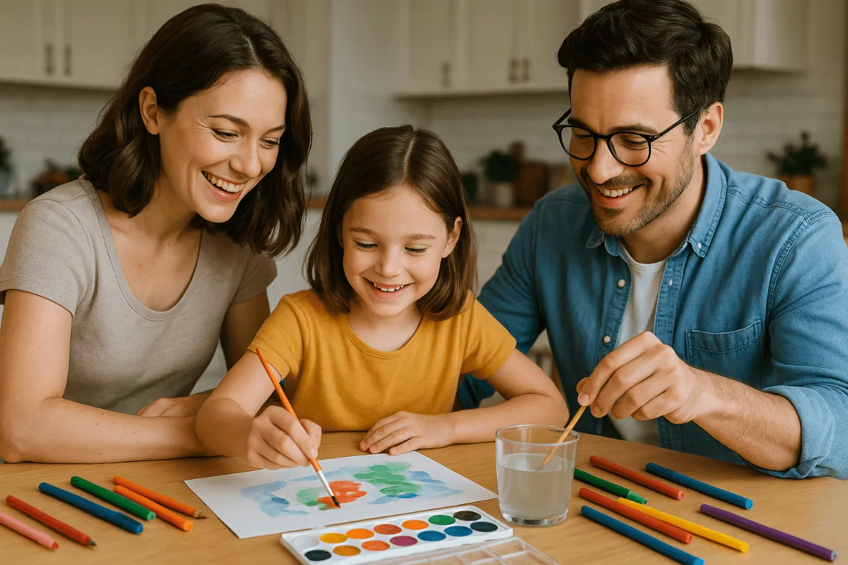 Parents and child working together on an art project