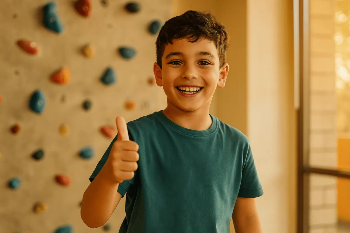 Mentally resilient & confident child in front of a rock climbing wall