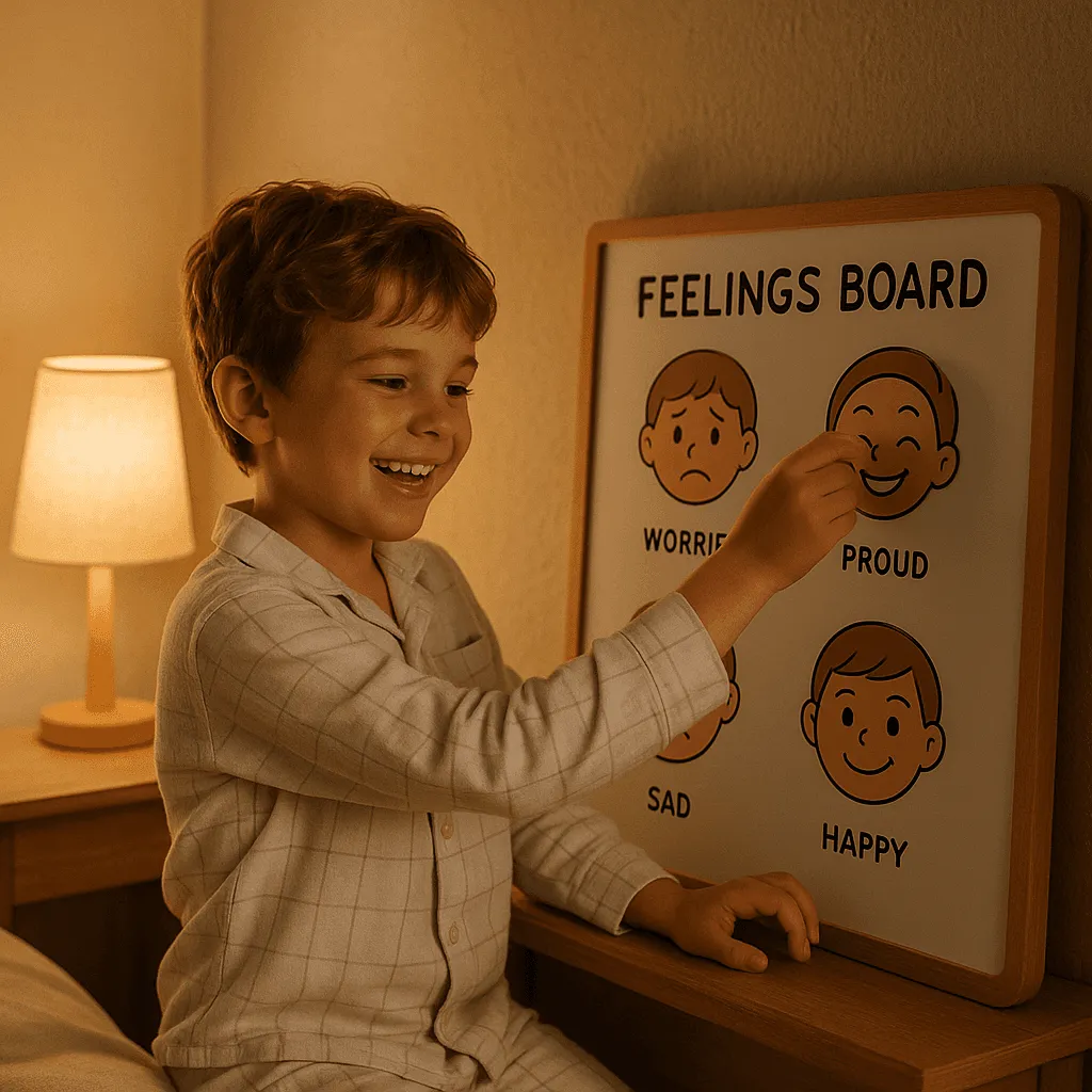 A child naming their feelings on the 'feelings board'