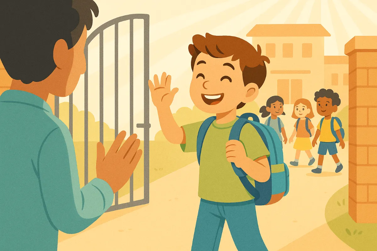 Confident primary school child waving goodbye to parent at school gates with a smile