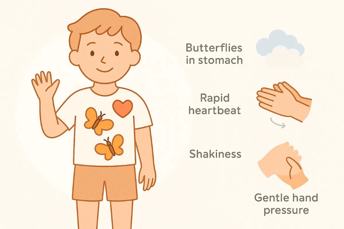 Illustrated diagram showing child's body with labelled anxiety symptoms and calming techniques