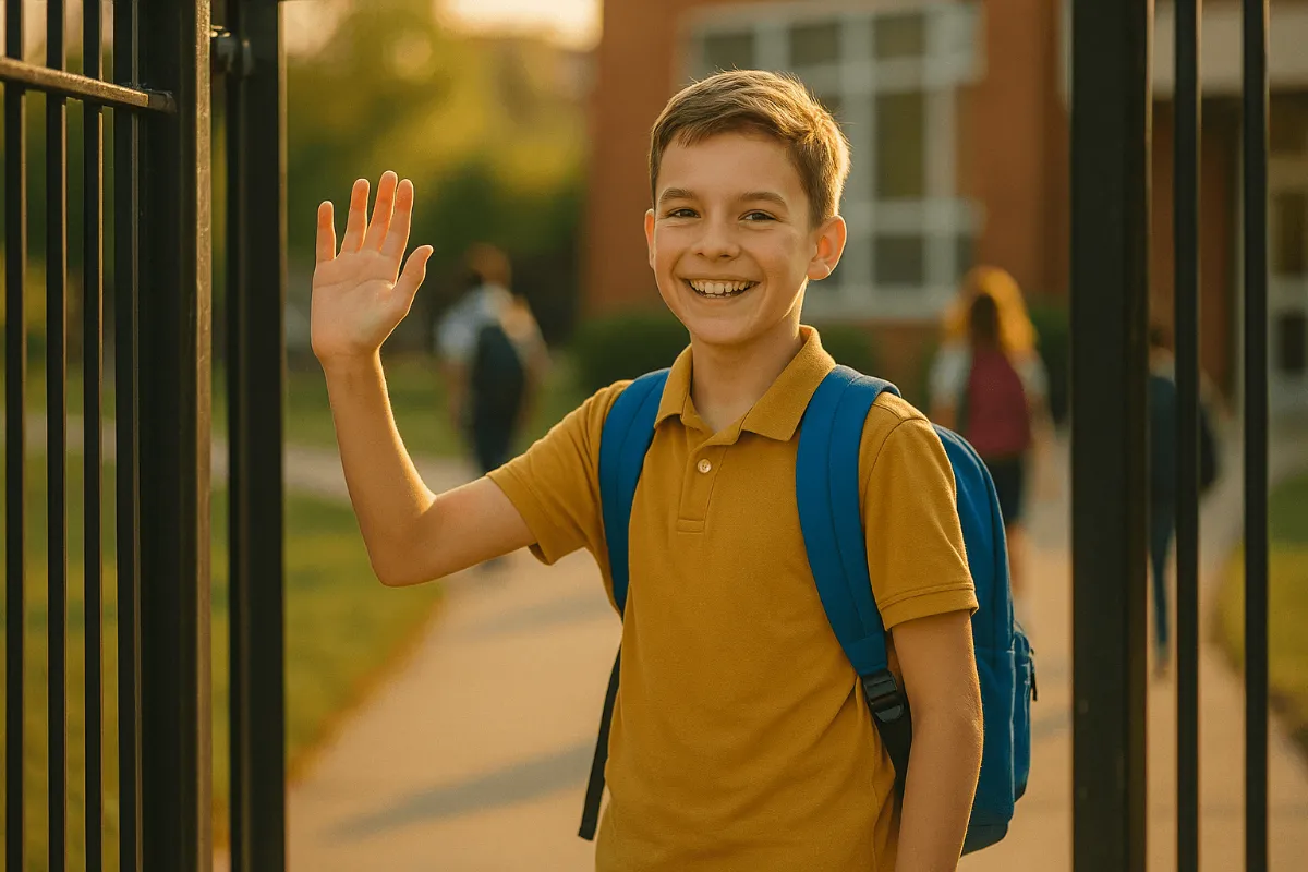 11-year-old child confidently waving goodbye at the school entrance