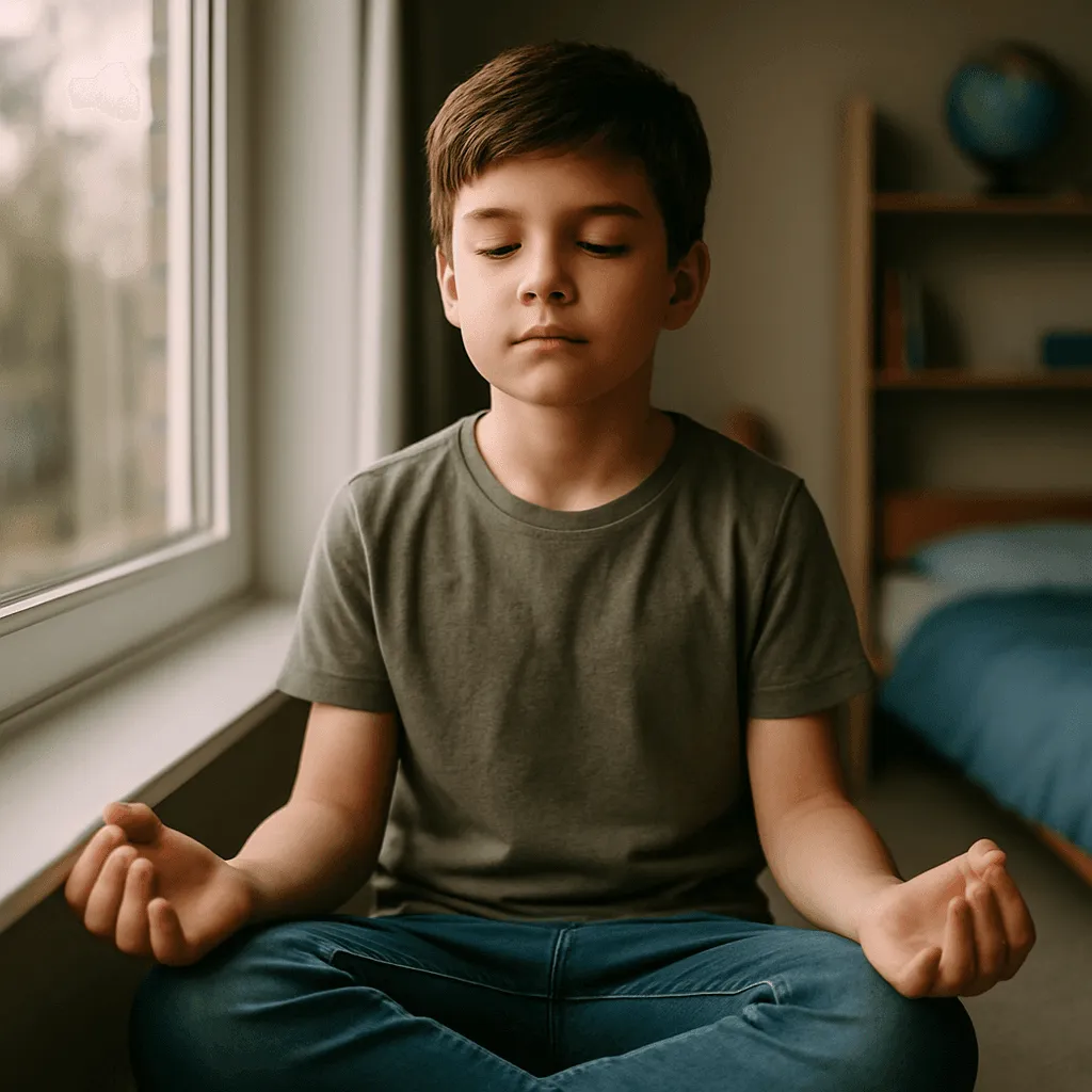 Child independently practising a breathing technique with focused determination