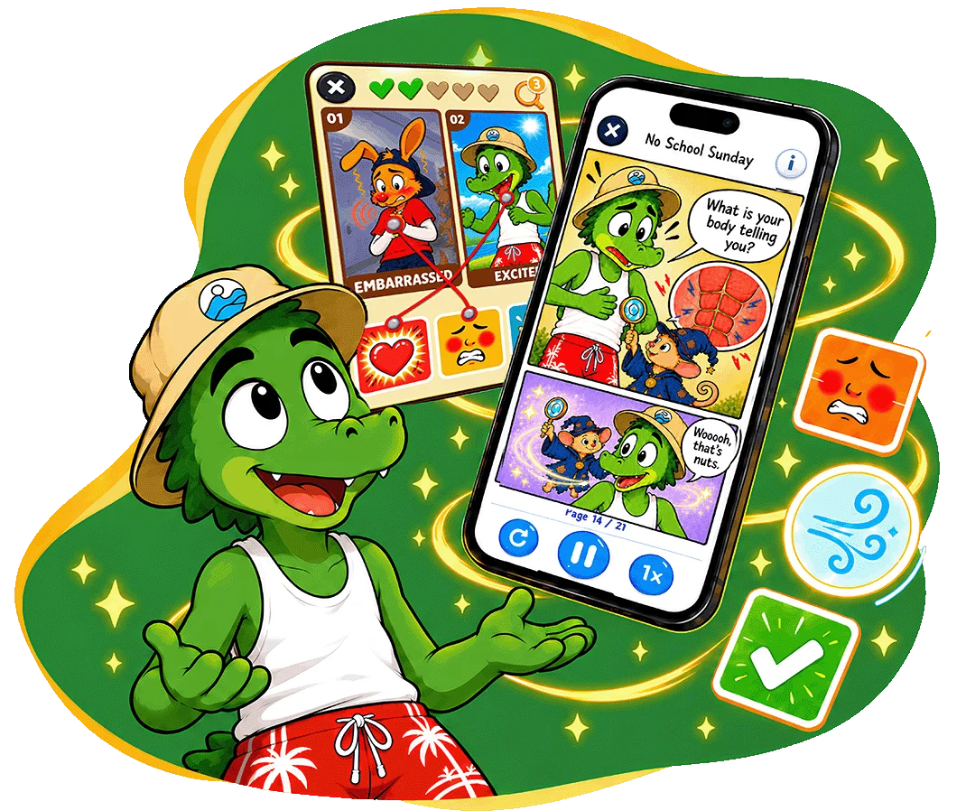 Ricky the crocodile looking up at the InnerSteps app, with a comic story and feelings game swirling around him