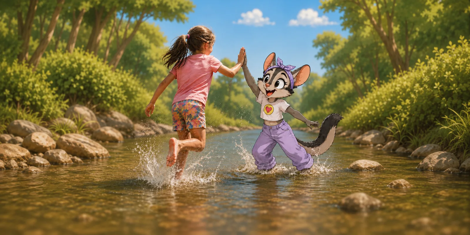 A girl and Pepper the squirrel glider leaping through a sunlit creek for a high-five
