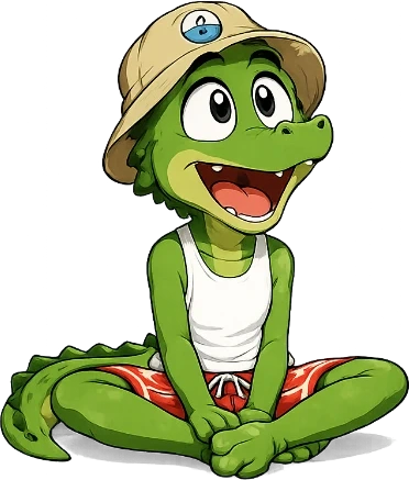 Ricky the crocodile sitting on the floor between the two screens