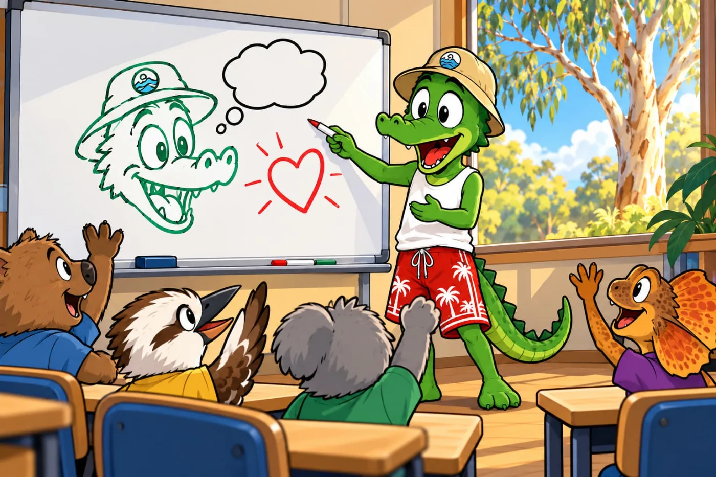 Ricky the crocodile teaching a class of animal kids at a whiteboard